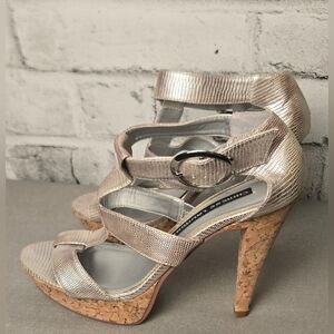 Chinese Laundry Metallic Silver Strappy Cork Platform Heels Size 7.5